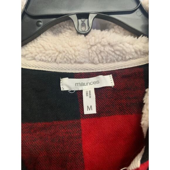 Maurices Red Black Buffalo Plaid Sherpa Lined Hooded Flannel Shirt Jacket M - Picture 5 of 5